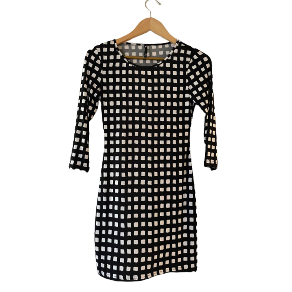 Love Culture Size S Black & White Geometric Tile Print Bodycon Dress 3/4‎ Sleeve